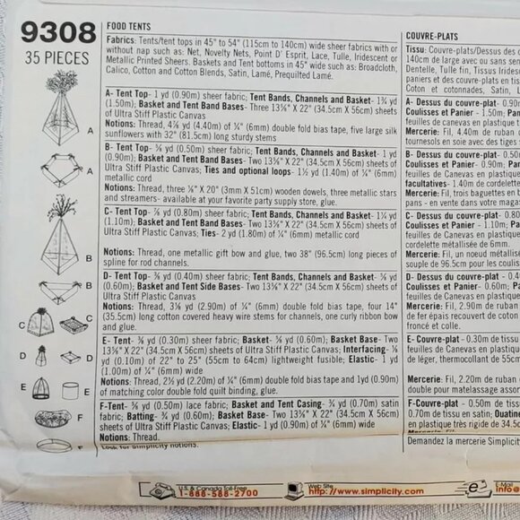 Simplicity 9308 Food Tents | Various Sizes Food Tents, Casserole Cover | - Picture 3 of 3